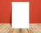 White Blank Poster in red cloth wall and tropical wooden floor room.