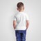 White blank t-shirt template on boy, back view, baby clothes isolated on background in studio for design presentation, pattern