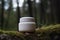 White and blank, unbranded cosmetic cream jar standing in the forest. Skin care product presentation. Skincare, beauty