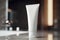 White and blank, unbranded cosmetic cream tube standing on the table at home. Skin care product presentation. Skincare