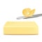 White block of butter with single fork butter curl on silver knife