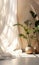White blowing sheer curtain in sunlight in beige brown wall marble floor empty room with variety of green tropical plant in pots