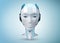 White and blue female cyborg robot head isolated on blue background 3d rendering