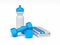 White blue fitness weights with towel and plastic water bottle 3D