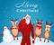 White-blue poster Happy Christmas with a picture of a fashionable, modern and young Santa Claus and his merry reindeer in the back