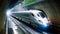 A white and blue train is seen traveling at high speed through a dark tunnel, Bullet train passing through a tunnel in Japan, AI