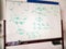 White board with schematic drawing and formulas of an electric circuit. Physics class.