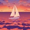 White boat with sail and red flag. Sunset on tropical ocean. Vector.