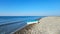 A white boat on the seashore, on a sunny day, against a blue sky