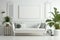 White Boho Living Room Interior, Mockup Photo Frame, The White Couch Near Empty White Wall - Generative AI