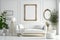 White Boho Modern Living Room Interior, Mockup Photo Frame, The White Couch Near Empty White Wall - Generative AI