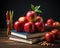 A white book featuring a vibrant red apple and pencils placed in front of a blackboard, educational photo