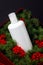 White bottle with organic, cosmetics winter product for hair care with natural ingredients. Eco friendly beauty industry