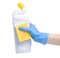 White bottle toilet cleaner with cleaning sponge in cleaning glove hand