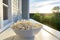 a white bowl filled with air-popped popcorn placed on a sunny veranda