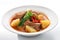 A white bowl filled with meat and potatoes. AI generative image