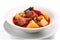 A white bowl filled with meat and vegetables. AI generative image.