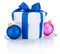 White box tied ribbon bow, blue and pink Christmas balls Isolated