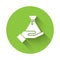 White Bribe money bag icon isolated with long shadow. Bill currency. Green circle button. Vector