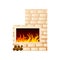 White brick home fireplace with burning fire and place for wood