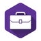White Briefcase icon isolated with long shadow. Business case sign. Business portfolio. Purple hexagon button