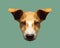 White brown dog head isolated low polygon cartoon on green background, big ears pet character geometric tan hound icon.