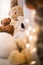 White and brown teddy bears closeup lay indoor with christmast light halos in the foreground