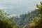 White Buddha statue on the hillside. View between trees. Picturesque haze valley