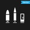 White Bullet and cartridge icon isolated on black background. Vector