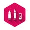 White Bullet and cartridge icon isolated with long shadow. Pink hexagon button. Vector