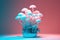 White Bunch mushrooms plant in blue neon color light on pastel pink background. Beautiful plant minimal in neon light.