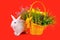 White bunny and basket with daffodils on red background
