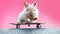 White bunny mid-air on a skateboard against pink