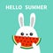 White bunny rabbit head face holding eating watermelon slise. Big ears. Cute kawaii cartoon funny character. Hello summer. Baby gr