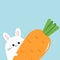 White bunny rabbit holding big carrot. Funny head face, eyes, ears. Cute kawaii cartoon character. Baby greeting card template. Ha