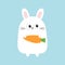 White bunny rabbit holding carrot. Funny head face. Big eyes. Cute kawaii cartoon character. Baby greeting card template. Happy Ea