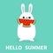 White bunny rabbit holding eating watermelon slise. Funny head face. Big ears. Cute kawaii cartoon character. Hello summer. Baby g