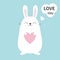 White bunny rabbit holding heart. Talking thinking bubble. Love you sticker. Funny head face. Cute kawaii cartoon character. Baby