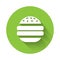 White Burger icon isolated with long shadow. Hamburger icon. Cheeseburger sandwich sign. Fast food menu. Green circle