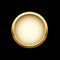 White button in round gold frame, 3d shiny metal golden circle on green push click button