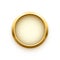 White button in round gold frame vector illustration. 3d realistic shiny metal golden circle ring on push click button