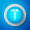 White Caduceus medical symbol icon isolated on blue background. Medicine and health care concept. Emblem for drugstore