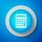 White Calculator icon isolated on blue background. Accounting symbol. Business calculations mathematics education and