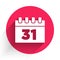White Calendar with Halloween date 31 october icon isolated with long shadow. Happy Halloween party. Red circle button