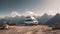 A white camper van is parked on rocky ground in front of mountains, in the style of photo-realistic landscapes, Generative AI