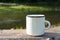 White campfire enamel mug mockup with sun beams