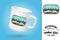 White camping cup. Realistic mug mockup template with sample design. Boating and Sport Fishing club patch. Vector