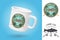 White camping cup. Realistic mug mockup template with sample design. Fishing sport club patch. Vector illustration