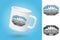 White camping cup. Realistic mug mockup template with sample design. Mountaineering adventure patch. Vector. Concept for