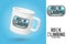 White camping cup. Realistic mug mockup template with sample design. Rock Climbing club badge. Vector. Typography design